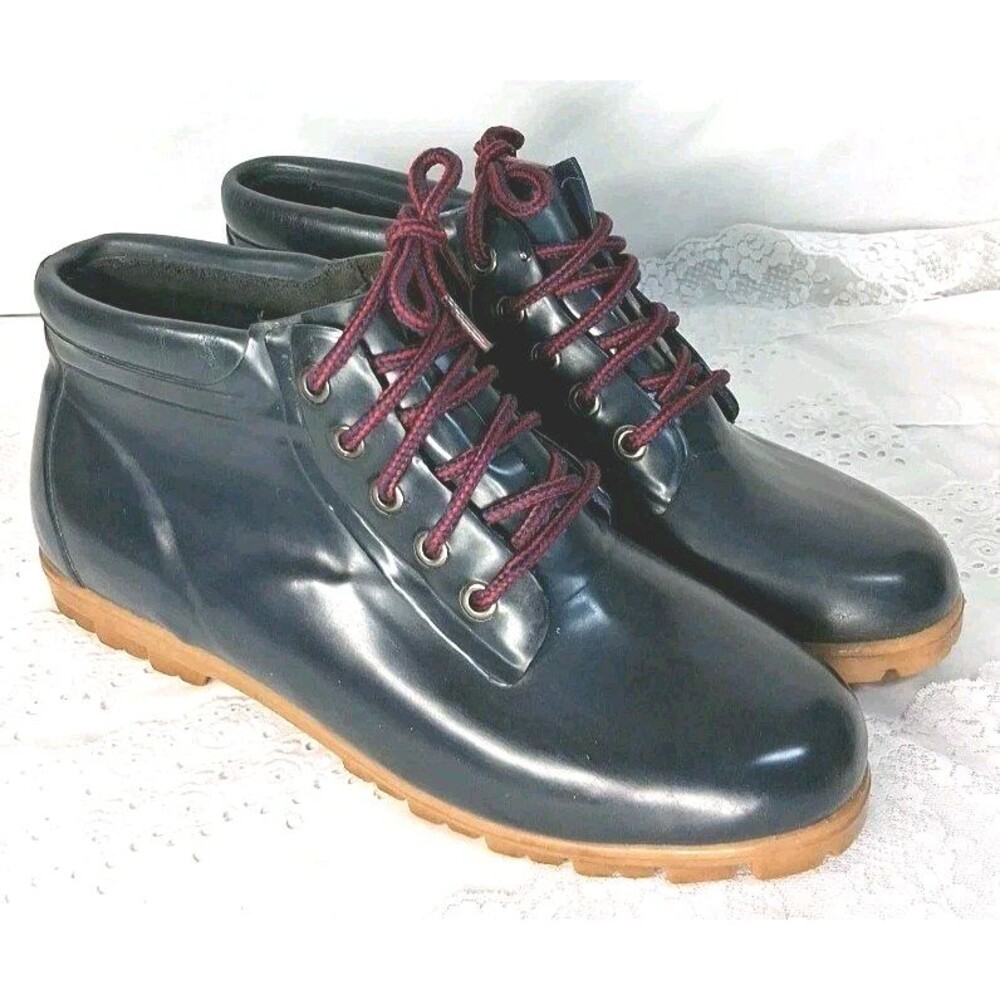 Vintage Lands End Rubber Duck Rain Boots Women Ankle High Navy Blue 11M Chore
